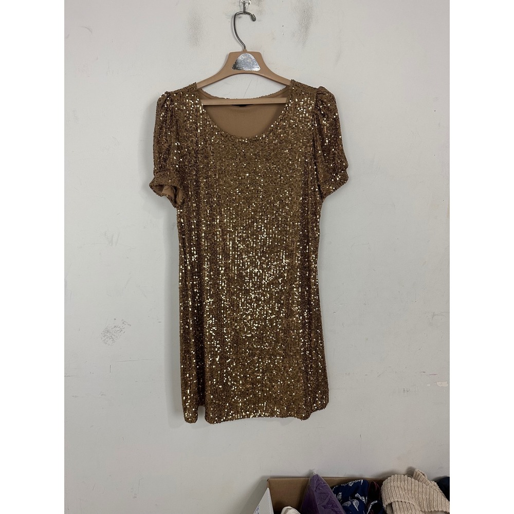 Cable & Gauge Bronze Gold Sequin Shift Dress Short Puff‎ Sleeve Women Large